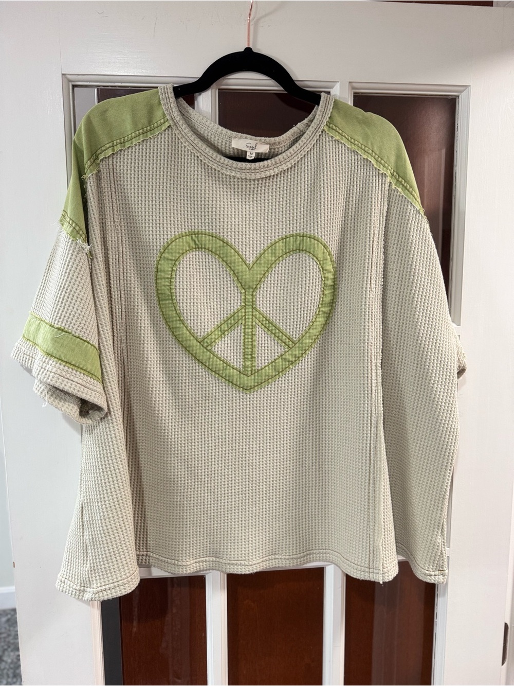 Easel Cream Waffle Knit Top with Green Heart Peace Graphic